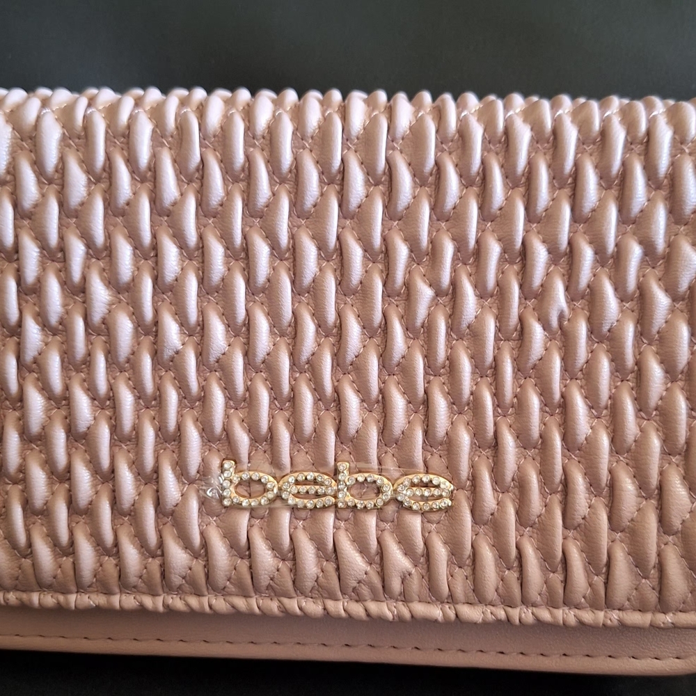 bebe Blush Pink Woven Clutch with Crystal Chain Detail